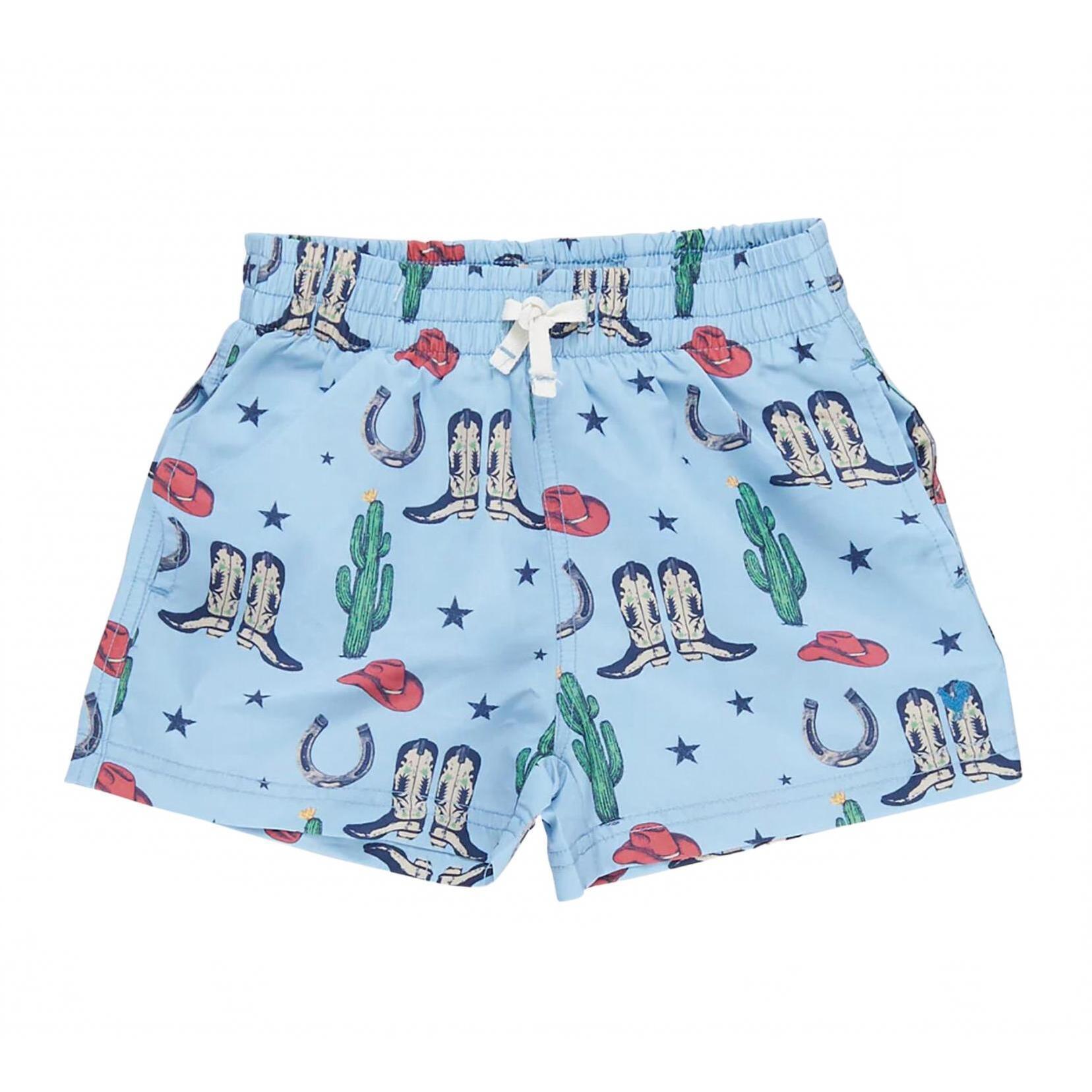 New Pink Chicken Boy's Tiny Rodeo Pull-On Swim Trunks In Blue